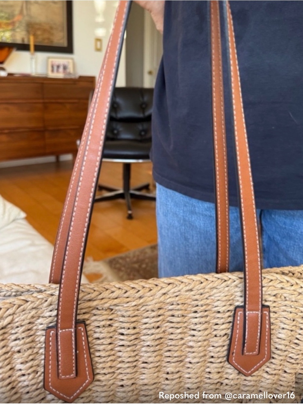 Natural Woven Raffia Loewe Tote with Genuine Leather Trim - Natural Straw Color - Picture 5 of 7